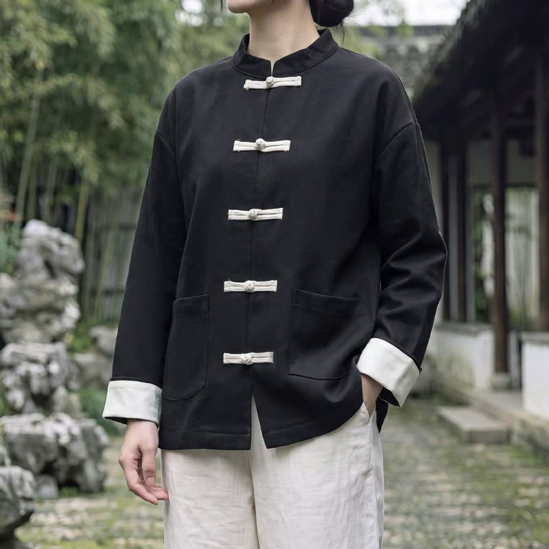 Buddha Stones Fall Winter Tang Style Vintage Mandarin Collar Frog Button Solid Women's Jackets With Pocket - Black - US16，UK/AU20，EU48 (5XL) - image 6