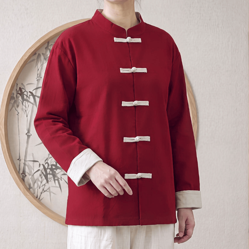 Buddha Stones Spring Fall Tang Style Minimalist Mandarin Collar Frog Button Solid Cotton Women's Long Sleeve Shirts - FireBrick - US16，UK/AU20，EU48 (5XL) - image 8