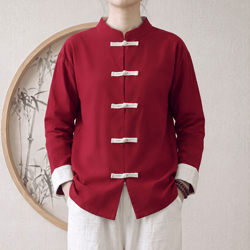 Buddha Stones Spring Fall Tang Style Minimalist Mandarin Collar Frog Button Solid Cotton Women's Long Sleeve Shirts - image 9