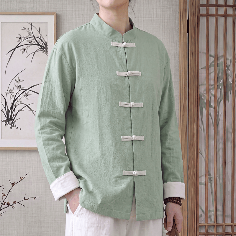 Buddha Stones Spring Fall Tang Style Minimalist Mandarin Collar Frog Button Solid Cotton Women's Long Sleeve Shirts - PaleGreen - US16，UK/AU20，EU48 (5XL) - image 0