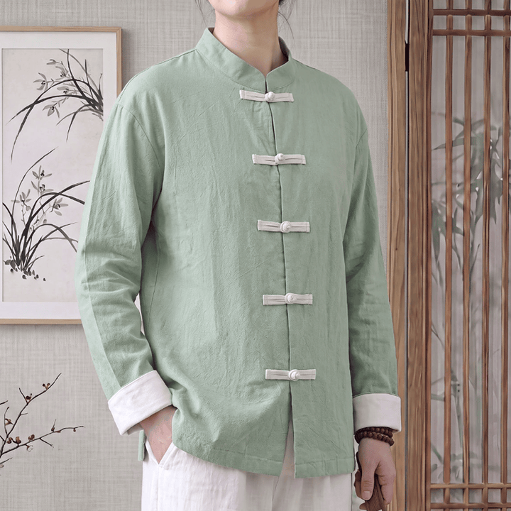 Buddha Stones Spring Fall Tang Style Minimalist Mandarin Collar Frog Button Solid Cotton Women's Long Sleeve Shirts - PaleGreen - US16，UK/AU20，EU48 (5XL) - image 0