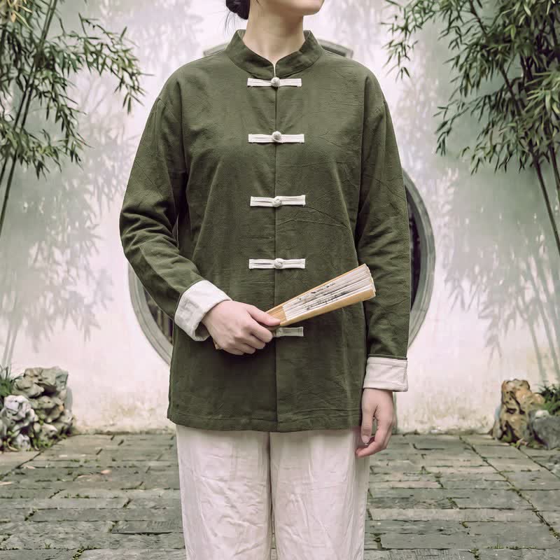 Buddha Stones Spring Fall Tang Style Minimalist Mandarin Collar Frog Button Solid Cotton Women's Long Sleeve Shirts - image 11