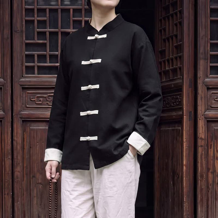 Buddha Stones Spring Fall Tang Style Minimalist Mandarin Collar Frog Button Solid Cotton Women's Long Sleeve Shirts - Black - US16，UK/AU20，EU48 (5XL) - image 12