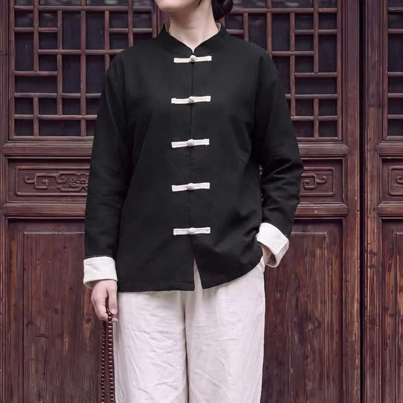 Buddha Stones Spring Fall Tang Style Minimalist Mandarin Collar Frog Button Solid Cotton Women's Long Sleeve Shirts - image 13