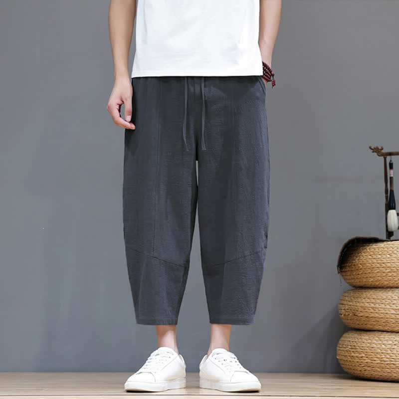 Buddha Stones Spring Summer Casual Minimalist Drawstring Solid Cotton Linen Capri Pants Men's Harem Pants With Pocket - image 1