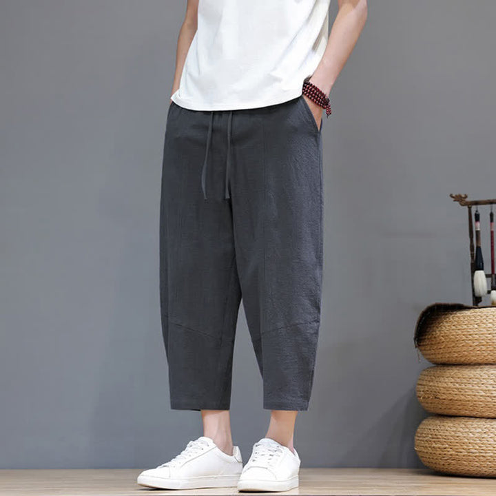 Buddha Stones Spring Summer Casual Minimalist Drawstring Solid Cotton Linen Capri Pants Men's Harem Pants With Pocket - image 2