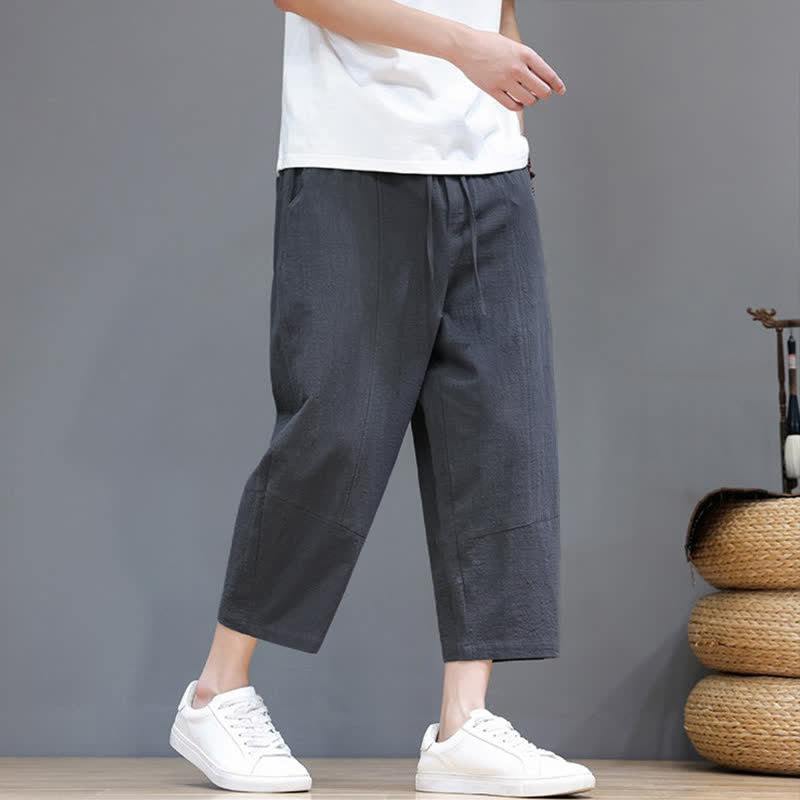 Buddha Stones Spring Summer Casual Minimalist Drawstring Solid Cotton Linen Capri Pants Men's Harem Pants With Pocket - image 3