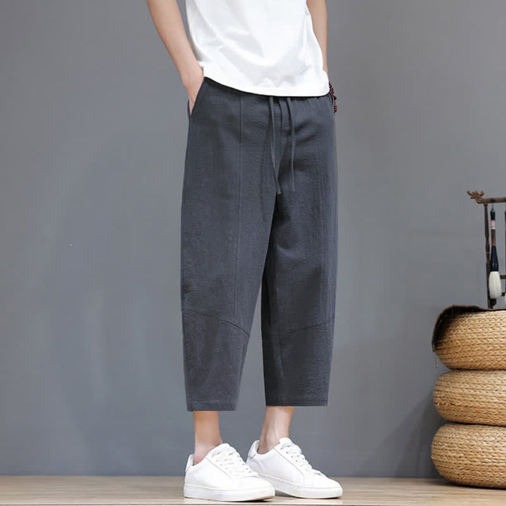 Buddha Stones Spring Summer Casual Minimalist Drawstring Solid Cotton Linen Capri Pants Men's Harem Pants With Pocket - image 5