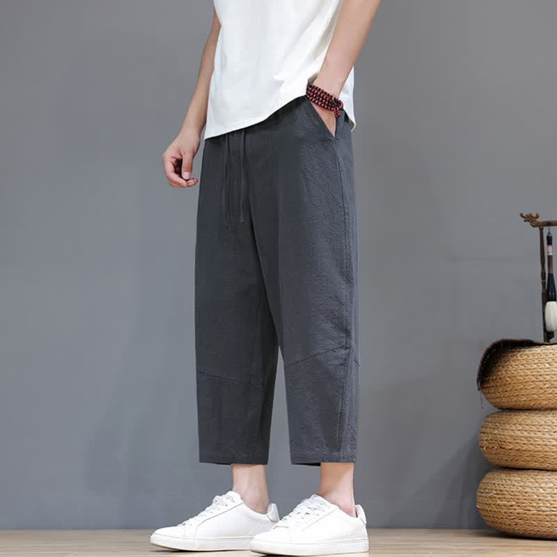 Buddha Stones Spring Summer Casual Minimalist Drawstring Solid Cotton Linen Capri Pants Men's Harem Pants With Pocket - image 6