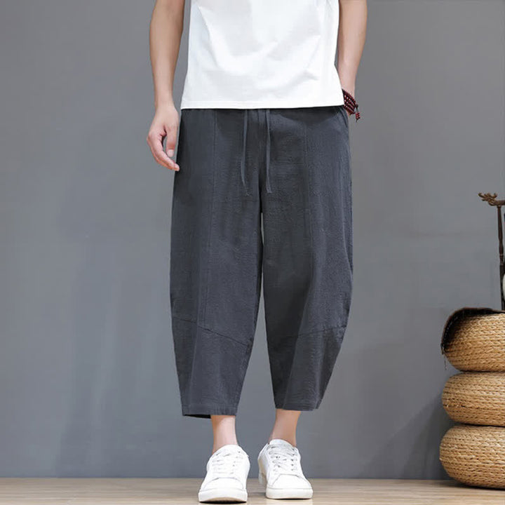 Buddha Stones Spring Summer Casual Minimalist Drawstring Solid Cotton Linen Capri Pants Men's Harem Pants With Pocket - SlateGray - US/UK/AU46, EU56 (5XL) - image 0