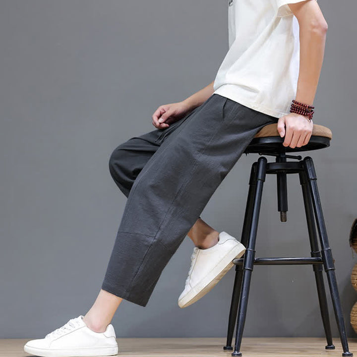 Buddha Stones Spring Summer Casual Minimalist Drawstring Solid Cotton Linen Capri Pants Men's Harem Pants With Pocket - image 7