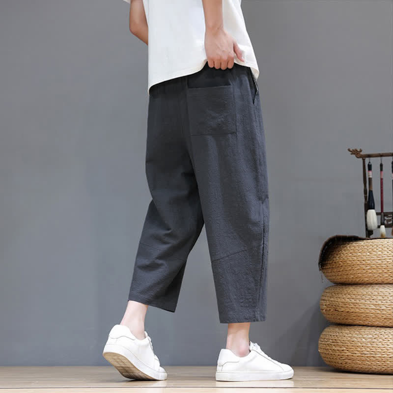 Buddha Stones Spring Summer Casual Minimalist Drawstring Solid Cotton Linen Capri Pants Men's Harem Pants With Pocket - image 4