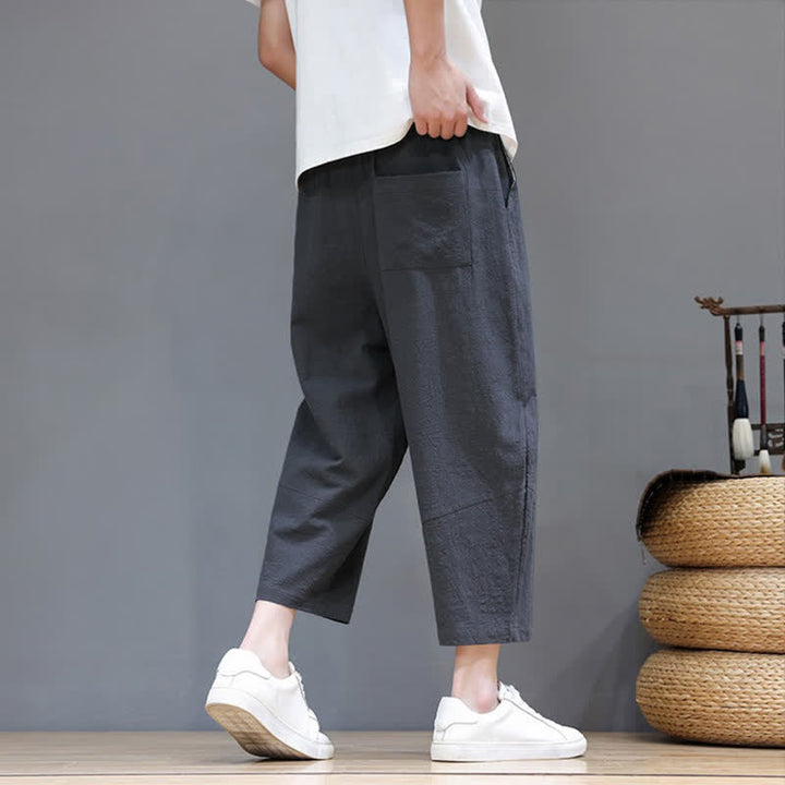 Buddha Stones Spring Summer Casual Minimalist Drawstring Solid Cotton Linen Capri Pants Men's Harem Pants With Pocket - image 4