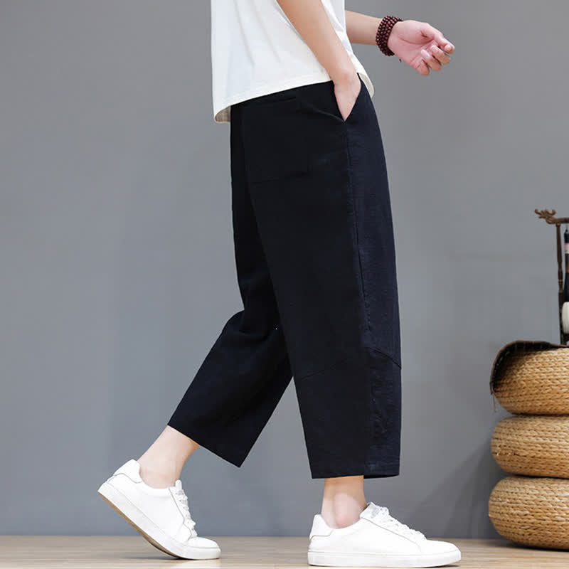 Buddha Stones Spring Summer Casual Minimalist Drawstring Solid Cotton Linen Capri Pants Men's Harem Pants With Pocket - image 11