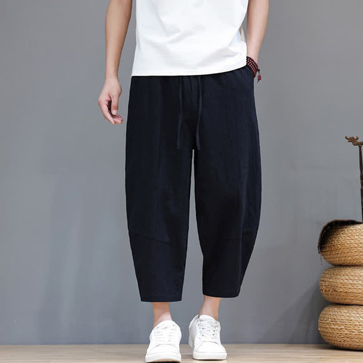 Buddha Stones Spring Summer Casual Minimalist Drawstring Solid Cotton Linen Capri Pants Men's Harem Pants With Pocket - image 13