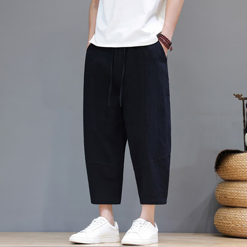 Buddha Stones Spring Summer Casual Minimalist Drawstring Solid Cotton Linen Capri Pants Men's Harem Pants With Pocket - image 10