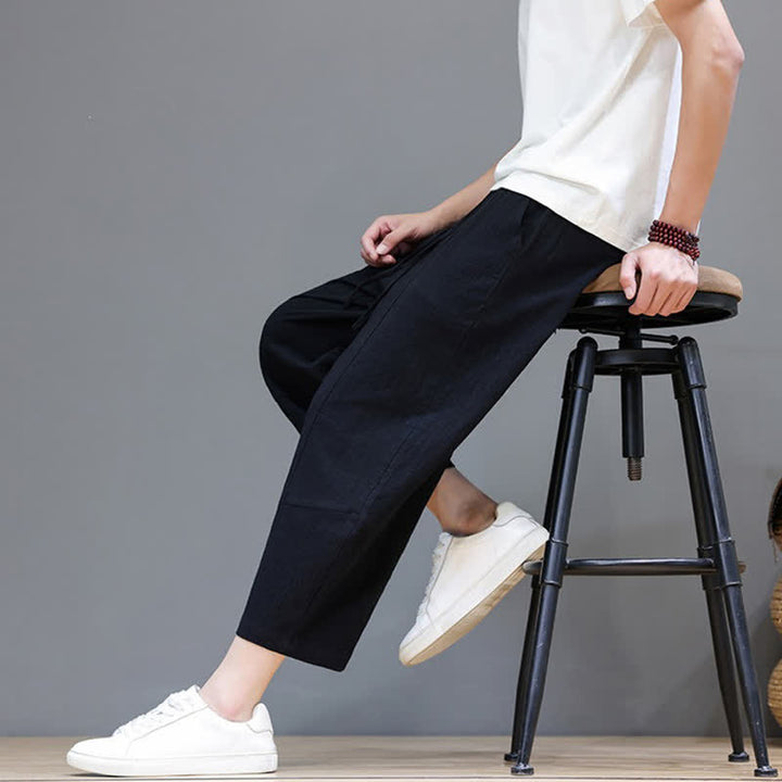 Buddha Stones Spring Summer Casual Minimalist Drawstring Solid Cotton Linen Capri Pants Men's Harem Pants With Pocket - image 15