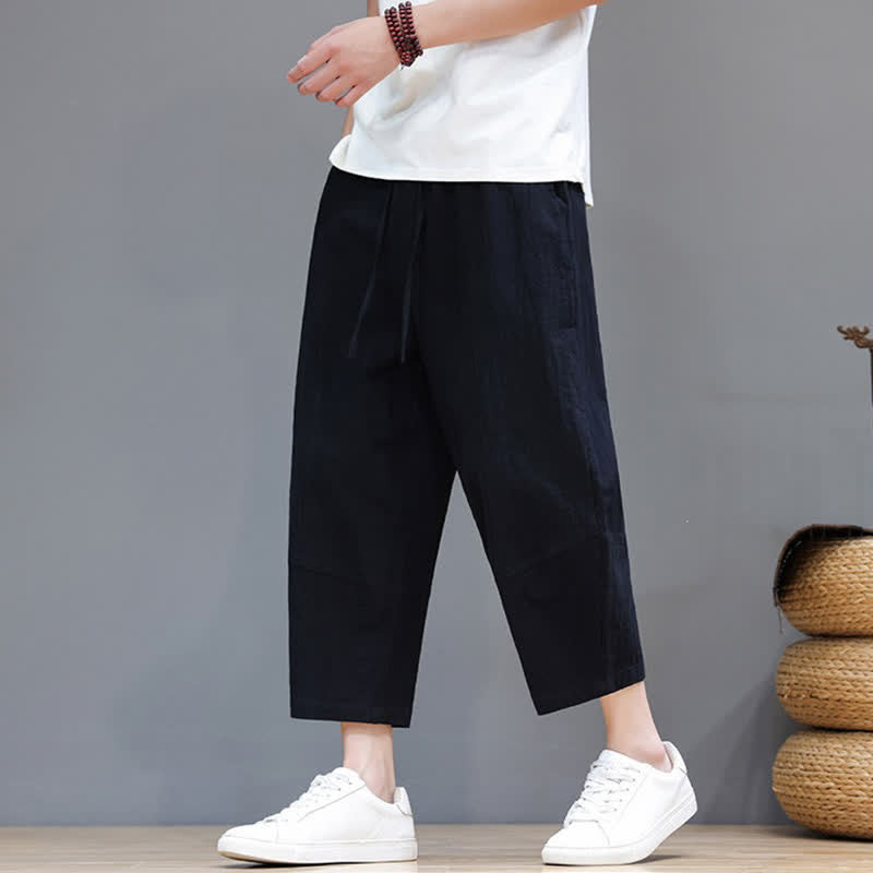 Buddha Stones Spring Summer Casual Minimalist Drawstring Solid Cotton Linen Capri Pants Men's Harem Pants With Pocket - image 14