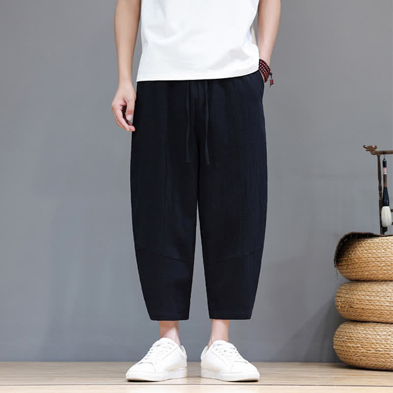 Buddha Stones Spring Summer Casual Minimalist Drawstring Solid Cotton Linen Capri Pants Men's Harem Pants With Pocket - Black - US/UK/AU46, EU56 (5XL) - image 8