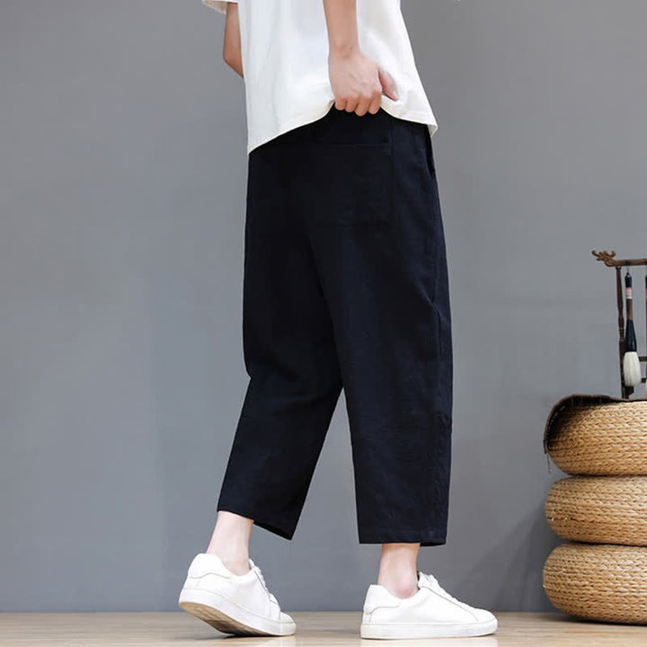 Buddha Stones Spring Summer Casual Minimalist Drawstring Solid Cotton Linen Capri Pants Men's Harem Pants With Pocket - image 12