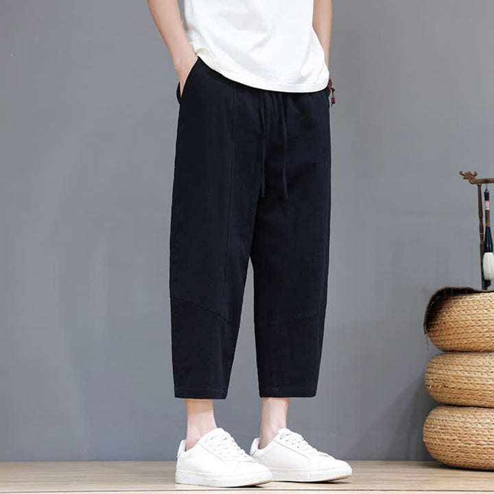 Buddha Stones Spring Summer Casual Minimalist Drawstring Solid Cotton Linen Capri Pants Men's Harem Pants With Pocket - image 9