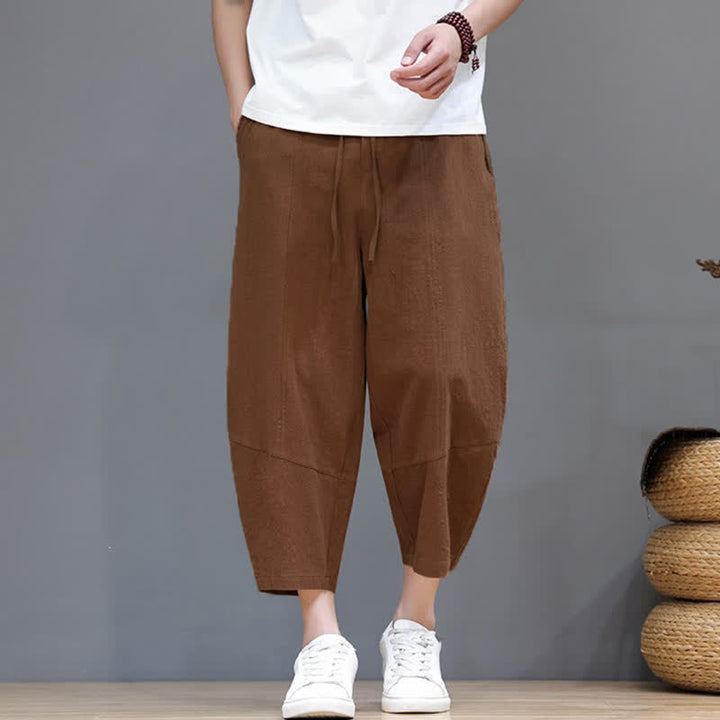 Buddha Stones Spring Summer Casual Minimalist Drawstring Solid Cotton Linen Capri Pants Men's Harem Pants With Pocket - Peru - US/UK/AU46, EU56 (5XL) - image 16