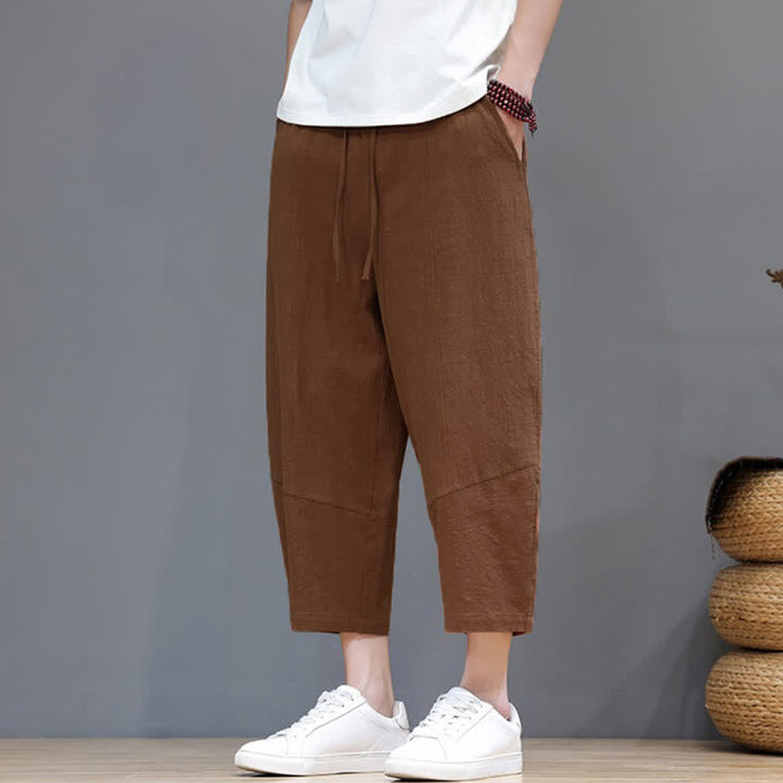 Buddha Stones Spring Summer Casual Minimalist Drawstring Solid Cotton Linen Capri Pants Men's Harem Pants With Pocket - image 22
