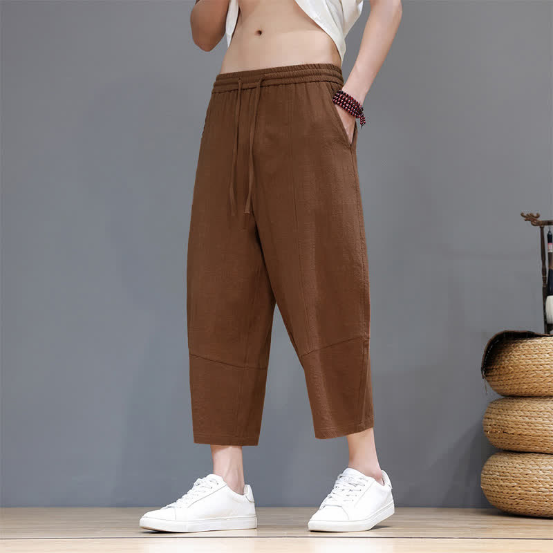 Buddha Stones Spring Summer Casual Minimalist Drawstring Solid Cotton Linen Capri Pants Men's Harem Pants With Pocket - image 23