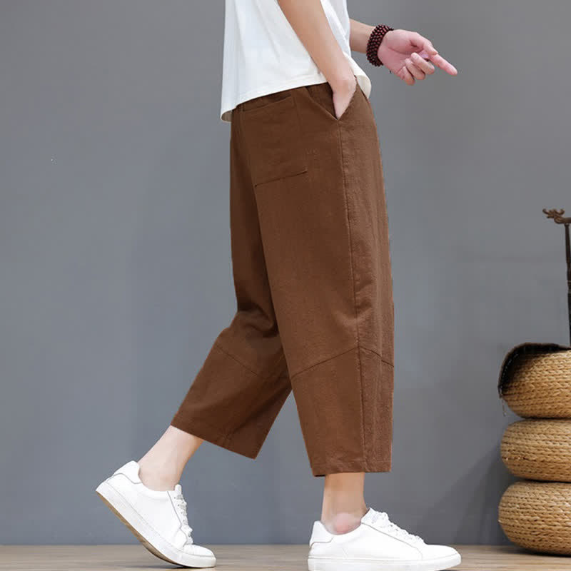 Buddha Stones Spring Summer Casual Minimalist Drawstring Solid Cotton Linen Capri Pants Men's Harem Pants With Pocket - image 20