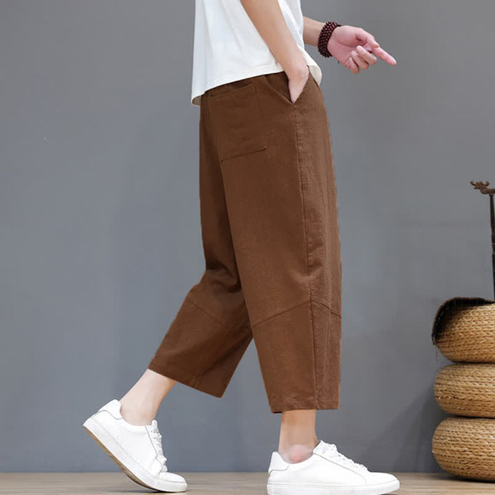Buddha Stones Spring Summer Casual Minimalist Drawstring Solid Cotton Linen Capri Pants Men's Harem Pants With Pocket - image 20