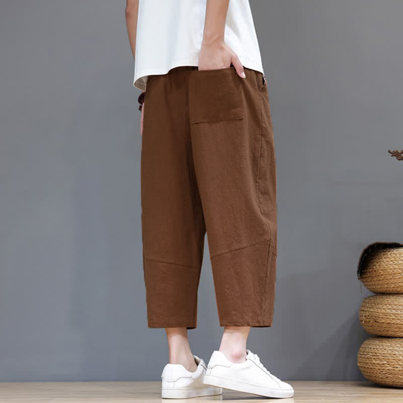 Buddha Stones Spring Summer Casual Minimalist Drawstring Solid Cotton Linen Capri Pants Men's Harem Pants With Pocket - image 19