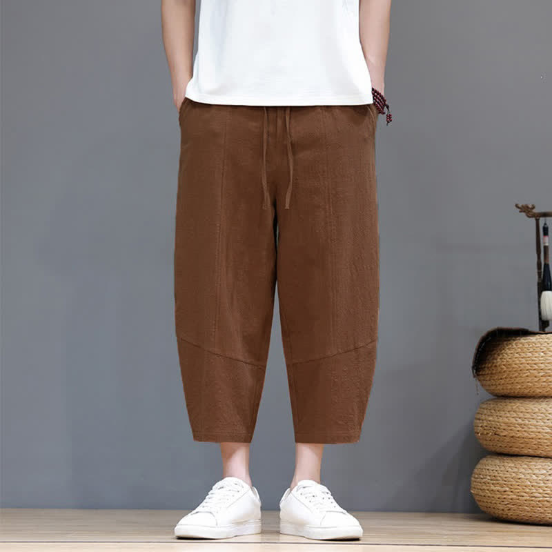 Buddha Stones Spring Summer Casual Minimalist Drawstring Solid Cotton Linen Capri Pants Men's Harem Pants With Pocket - image 17