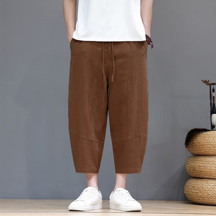 Buddha Stones Spring Summer Casual Minimalist Drawstring Solid Cotton Linen Capri Pants Men's Harem Pants With Pocket - image 17