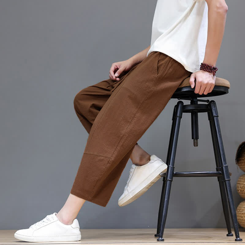 Buddha Stones Spring Summer Casual Minimalist Drawstring Solid Cotton Linen Capri Pants Men's Harem Pants With Pocket - image 24
