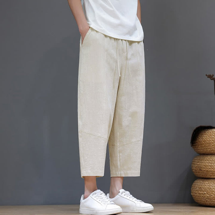 Buddha Stones Spring Summer Casual Minimalist Drawstring Solid Cotton Linen Capri Pants Men's Harem Pants With Pocket - image 26
