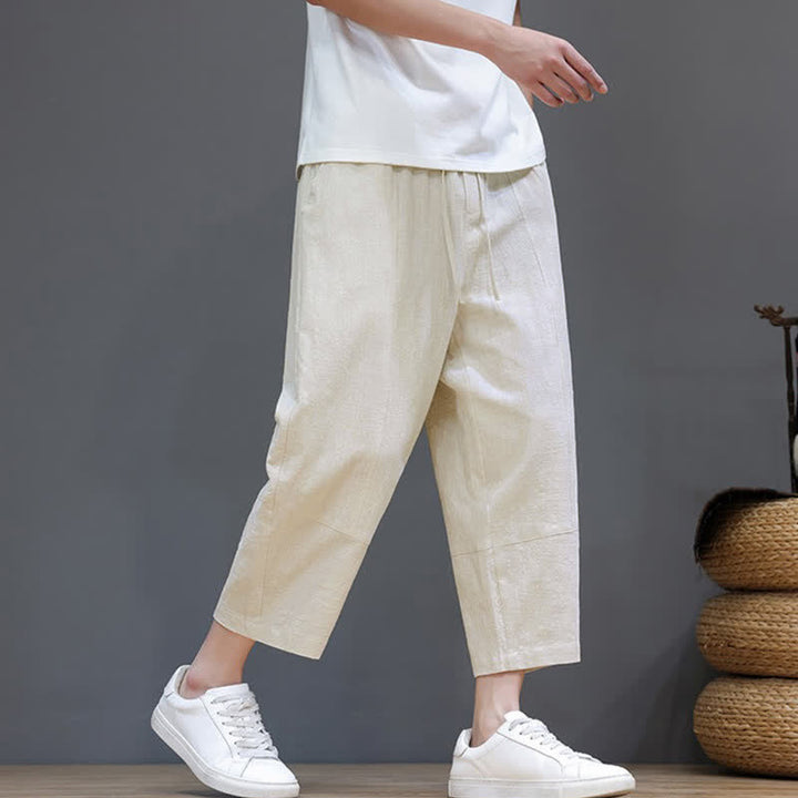 Buddha Stones Spring Summer Casual Minimalist Drawstring Solid Cotton Linen Capri Pants Men's Harem Pants With Pocket - image 28