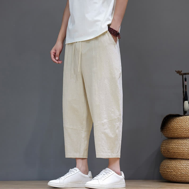 Buddha Stones Spring Summer Casual Minimalist Drawstring Solid Cotton Linen Capri Pants Men's Harem Pants With Pocket - image 27