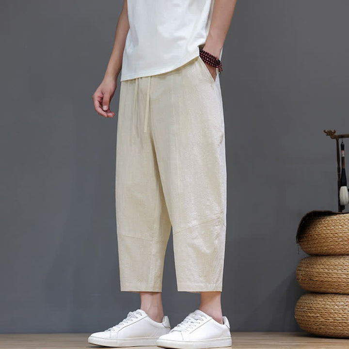 Buddha Stones Spring Summer Casual Minimalist Drawstring Solid Cotton Linen Capri Pants Men's Harem Pants With Pocket - image 27