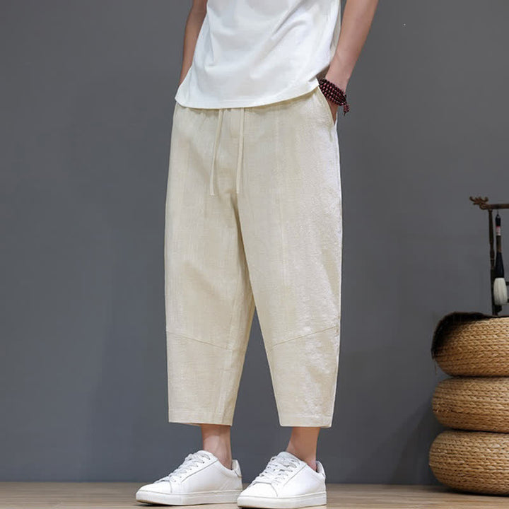 Buddha Stones Spring Summer Casual Minimalist Drawstring Solid Cotton Linen Capri Pants Men's Harem Pants With Pocket - image 31