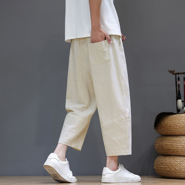 Buddha Stones Spring Summer Casual Minimalist Drawstring Solid Cotton Linen Capri Pants Men's Harem Pants With Pocket - image 29