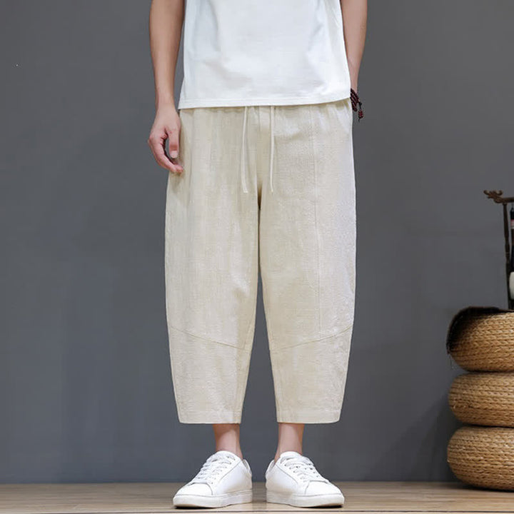 Buddha Stones Spring Summer Casual Minimalist Drawstring Solid Cotton Linen Capri Pants Men's Harem Pants With Pocket - White - US/UK/AU46, EU56 (5XL) - image 25