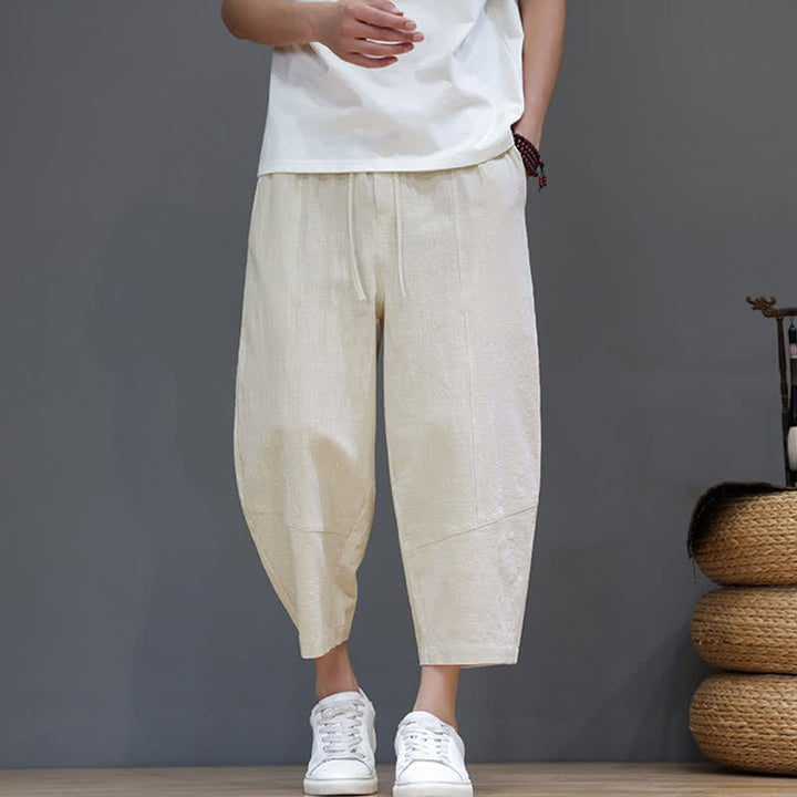 Buddha Stones Spring Summer Casual Minimalist Drawstring Solid Cotton Linen Capri Pants Men's Harem Pants With Pocket - image 30