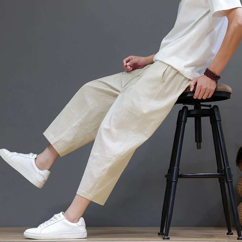 Buddha Stones Spring Summer Casual Minimalist Drawstring Solid Cotton Linen Capri Pants Men's Harem Pants With Pocket - image 32