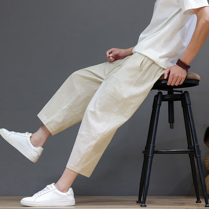 Buddha Stones Spring Summer Casual Minimalist Drawstring Solid Cotton Linen Capri Pants Men's Harem Pants With Pocket - image 32