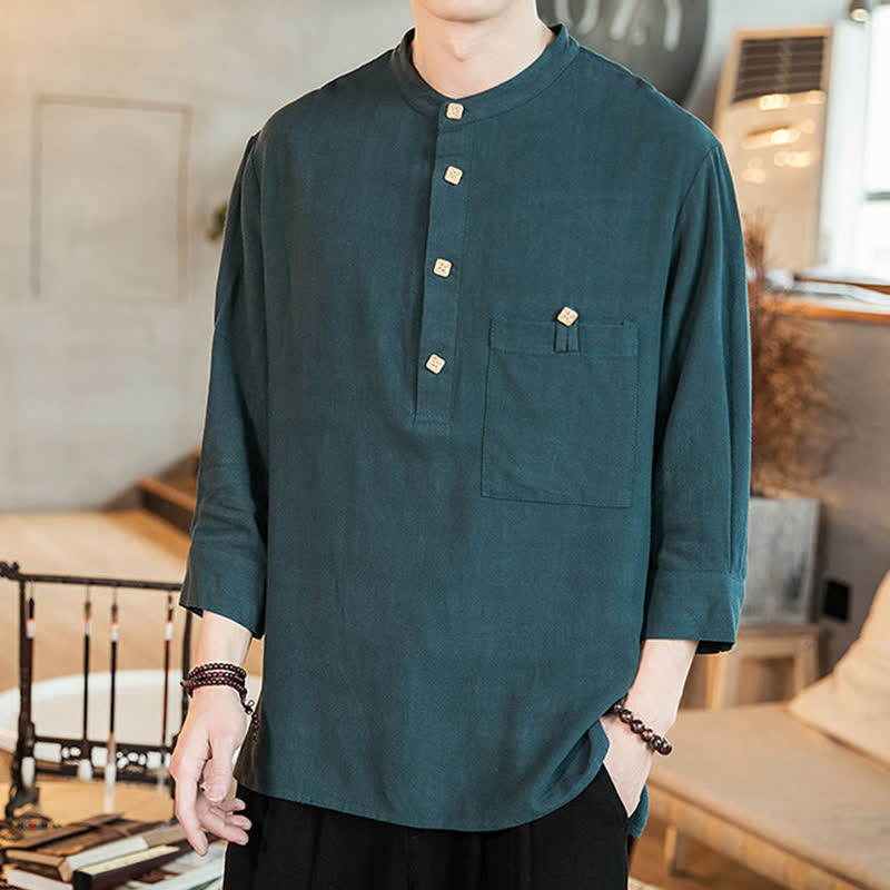 Buddha Stones Spring Summer Casual Tang Style Mandarin Collar Patch Pocket Solid Men's Long Sleeve Shirts With Pocket - DarkSlateGray - US/UK/AU46, EU56 (5XL) - image 0