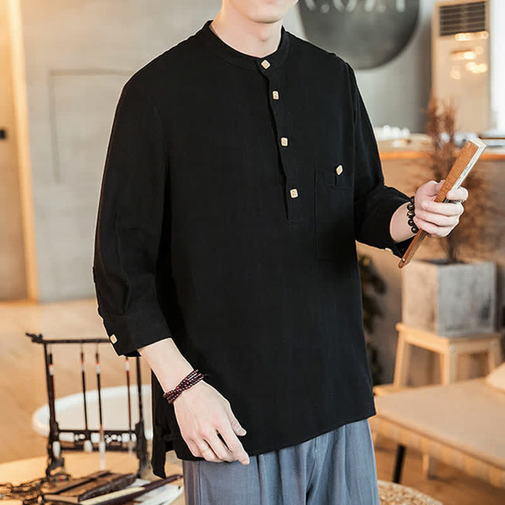 Buddha Stones Spring Summer Casual Tang Style Mandarin Collar Patch Pocket Solid Men's Long Sleeve Shirts With Pocket - image 11