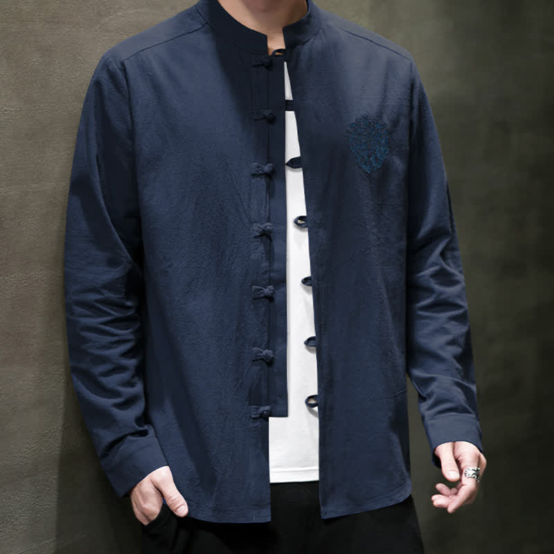 Buddha Stones Spring Fall Tang Style Casual Frog Button Embroidery Solid Men's Long Sleeve Shirts - image 18