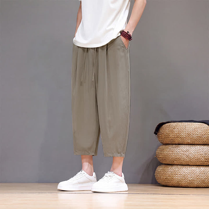 Buddha Stones Spring Summer Casual Drawstring Solid Capri Pants Men's Harem Pants With Pocket - image 24