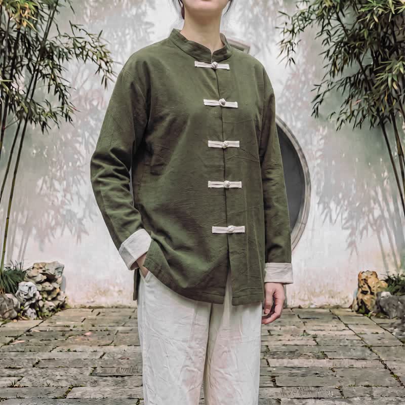 Buddha Stones Spring Fall Tang Style Minimalist Mandarin Collar Frog Button Solid Cotton Women's Long Sleeve Shirts - DarkOliveGreen - US16，UK/AU20，EU48 (5XL) - image 10