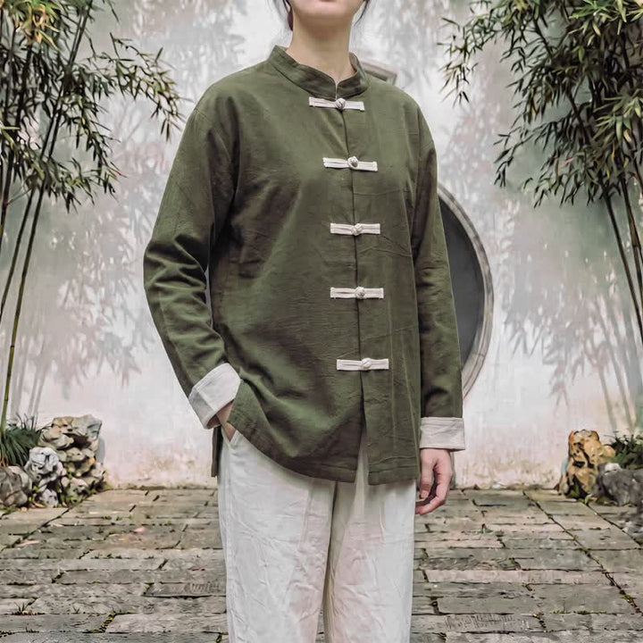 Buddha Stones Spring Fall Tang Style Minimalist Mandarin Collar Frog Button Solid Cotton Women's Long Sleeve Shirts - DarkOliveGreen - US16，UK/AU20，EU48 (5XL) - image 10